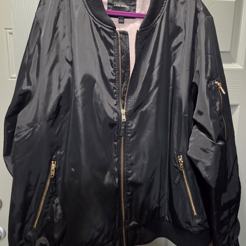 Lane Bryant Satin Black Bomber Jacket with Gold Accents